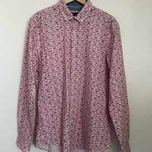 Zara Men's Red and White Patterned Shirt Slim Fit